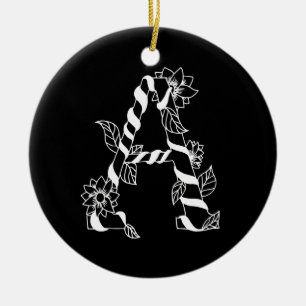 Black and White Letter "A" with Twining Flowers Ceramic Ornament