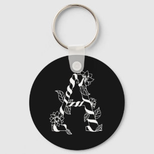 Black and White Letter "A" with Twining Flowers Key Ring