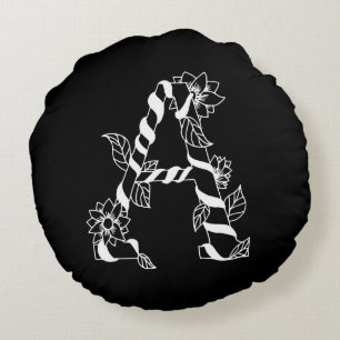 Black and White Letter "A" with Twining Flowers Round Cushion