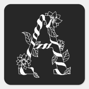 Black and White Letter "A" with Twining Flowers Square Sticker