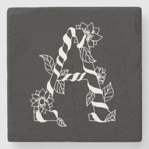 Black and White Letter "A" with Twining Flowers Stone Coaster