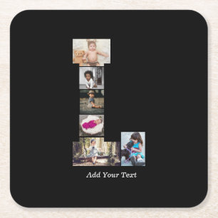 Black and White Letter L Photo Collage Square Paper Coaster