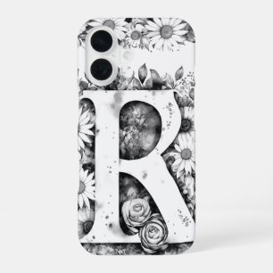 Black and White Letter R Elegant Floral Watercolor iPhone 16 Case
