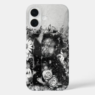 Black and White Letter R Trippy Floral Watercolor  iPhone 16 Case