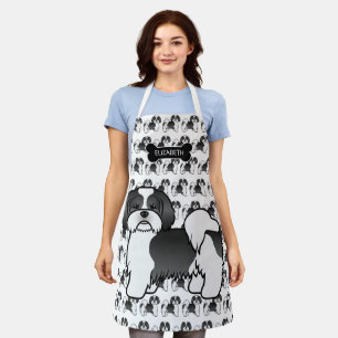 Black And White Lhasa Apso Cartoon Dog & Name Apron