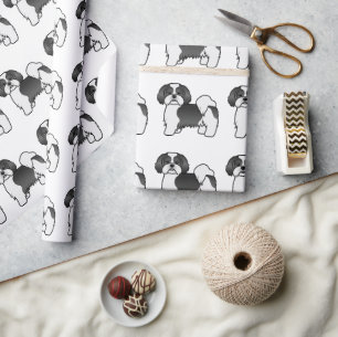 Black And White Lhasa Apso Cartoon Dog Pattern Wrapping Paper