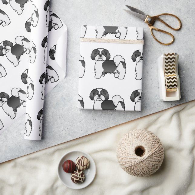 Black And White Lhasa Apso Cartoon Dog Pattern Wrapping Paper (Crafts)