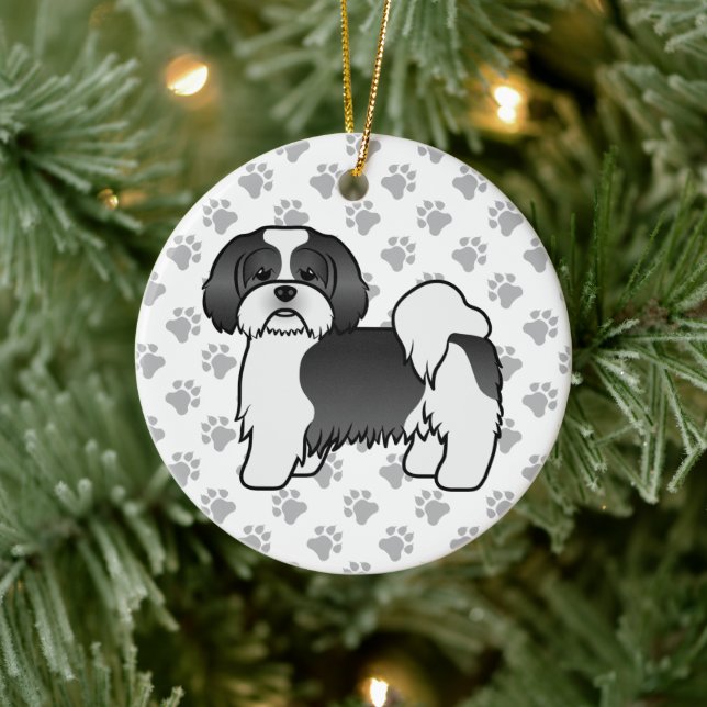Black And White Lhasa Apso Cute Cartoon Dog Ceramic Ornament (Tree)