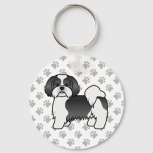 Black And White Lhasa Apso Cute Cartoon Dog Key Ring