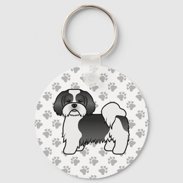 Black And White Lhasa Apso Cute Cartoon Dog Key Ring (Front)