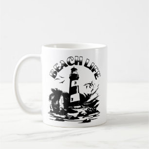 Black and White Lighthouse Beach Life Coffee Mug