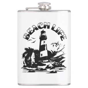 Black and White Lighthouse Beach Life Hip Flask