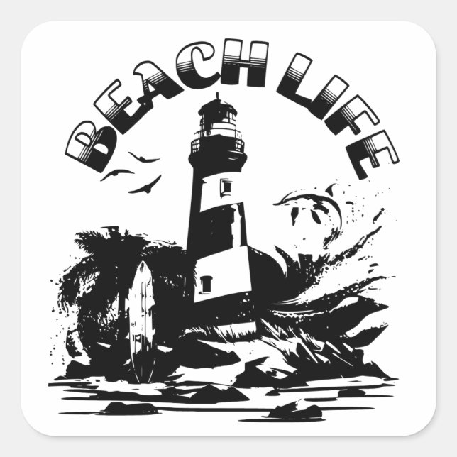 Black and White Lighthouse Beach Life Square Sticker (Front)