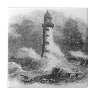 Black and White Lighthouse Etching Tile