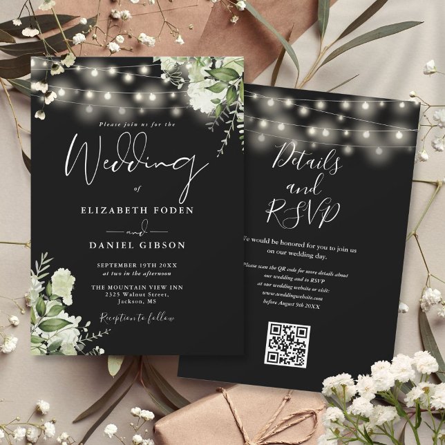 Black And White Lights Floral QR Code Wedding Invitation (Black And White Lights Floral QR Code Wedding Invitation)