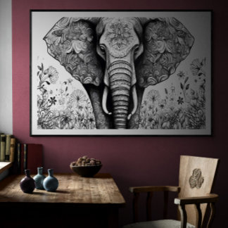 Black and white line drawing Elephant | Ai Poster