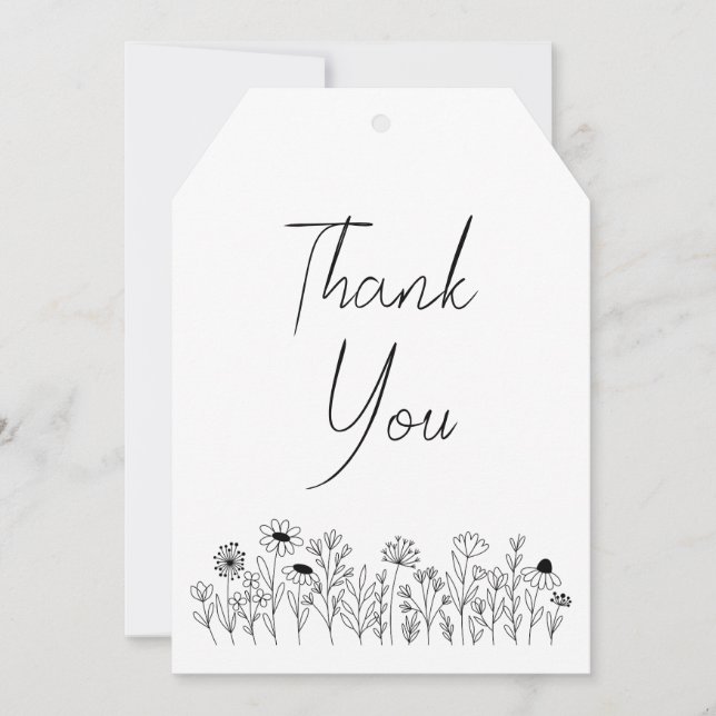 Black and White Line Drawing Wildflowers Thank You Card (Front)