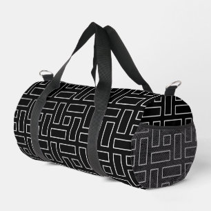 Black and White Linear Block Pattern - Black Duffle Bag