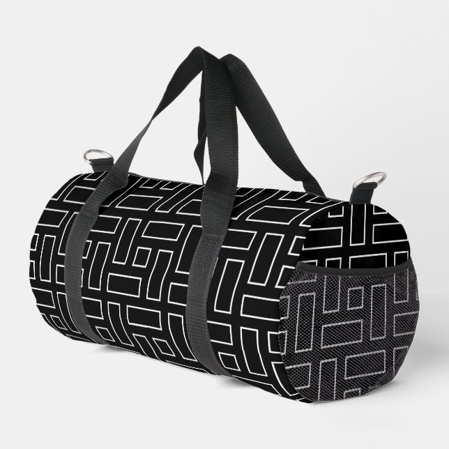 Black and White Linear Block Pattern - Black Duffle Bag (Right Corner)