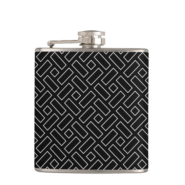 Black and White Linear Block Pattern - Black Hip Flask (Front)