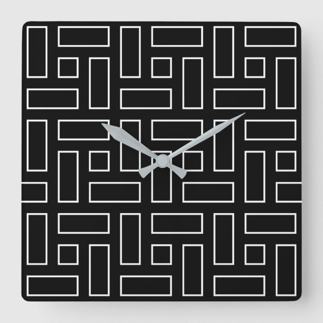 Black and White Linear Block Pattern - Black Square Wall Clock (Front)