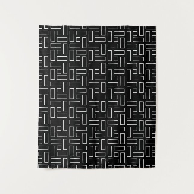 Black and White Linear Block Pattern - Black Tapestry (Front)