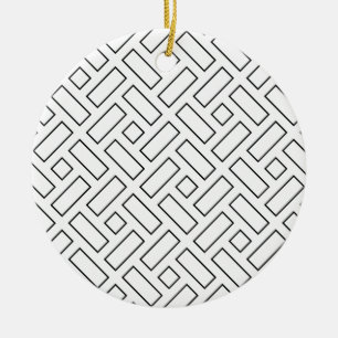 Black and White Linear Block Pattern - White Ceramic Ornament
