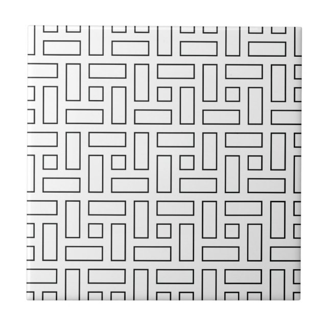 Black and White Linear Block Pattern - White Ceramic Tile (Front)