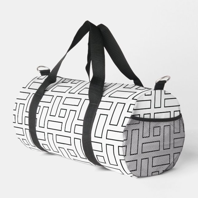 Black and White Linear Block Pattern - White Duffle Bag (Right Corner)
