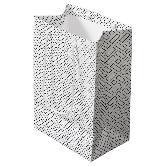 Black and White Linear Block Pattern - White Medium Gift Bag (Front Angled)