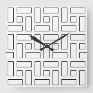 Black and White Linear Block Pattern - White Square Wall Clock