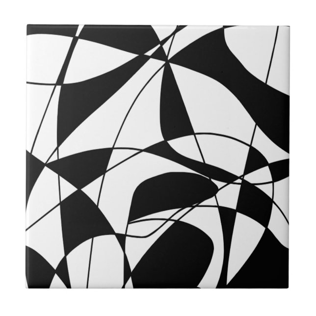 Black and White lines, block colour print pattern Tile (Front)