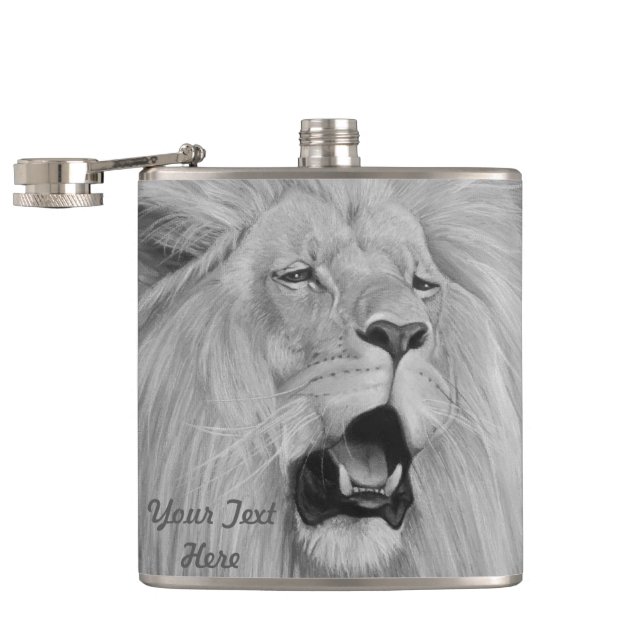 black and white lion roaring big cat wildlife hip flask (Opened)