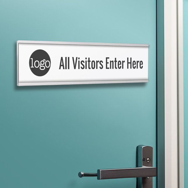 Black and White - Logo - All Visitors Enter Here Door Sign (Executive Door Sign - Customize your text and colors)