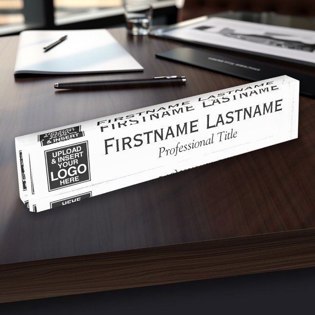 Black and White - Logo, Name, Professional Title Nameplate (Personalized Name Plate - Custom Logo Executive Desk Plate with Name and Professional Title)