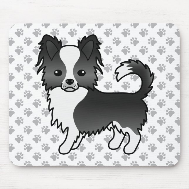 Black And White Long Coat Chihuahua Dog & Paws Mouse Pad (Front)