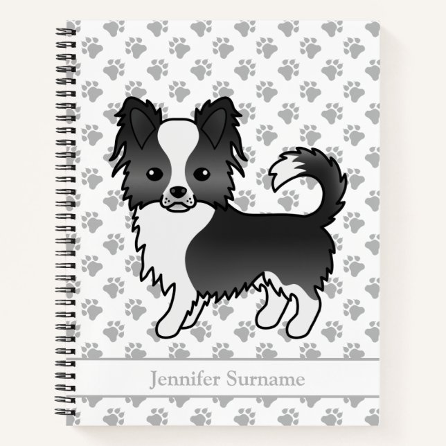 Black And White Long Coat Chihuahua Dog & Text Notebook (Front)