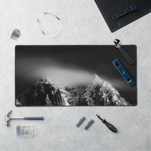 Black and white long exposure of clouds mountains desk mat