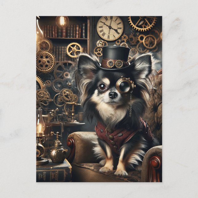 Black and White Long Haired Steampunk Chihuahua Postcard (Front)