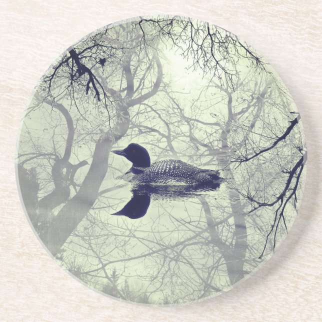 Black and white loon on a lake sandstone coaster (Front)