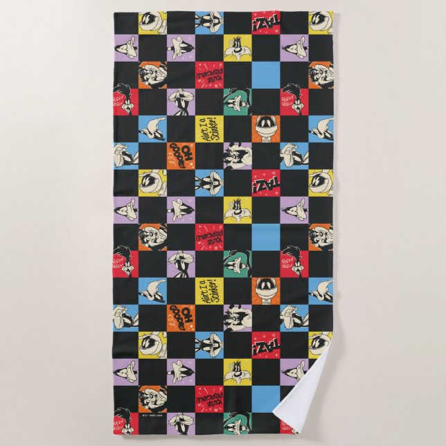 Black and White LOONEY TUNES™ in Colourful Chequer Beach Towel (Front)