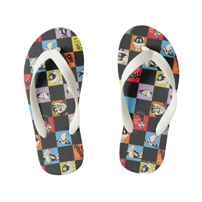 Black and White LOONEY TUNES™ in Colourful Chequer Kid's Thongs (Footbed)