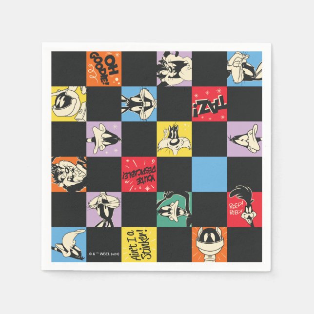 Black and White LOONEY TUNES™ in Colourful Chequer Napkin (Front)