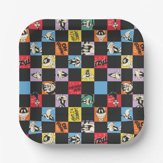 Black and White LOONEY TUNES™ in Colourful Chequer Paper Plate (Front)