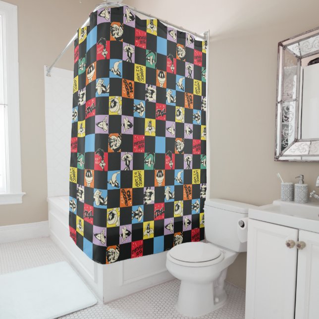Black and White LOONEY TUNES™ in Colourful Chequer Shower Curtain (In Situ)