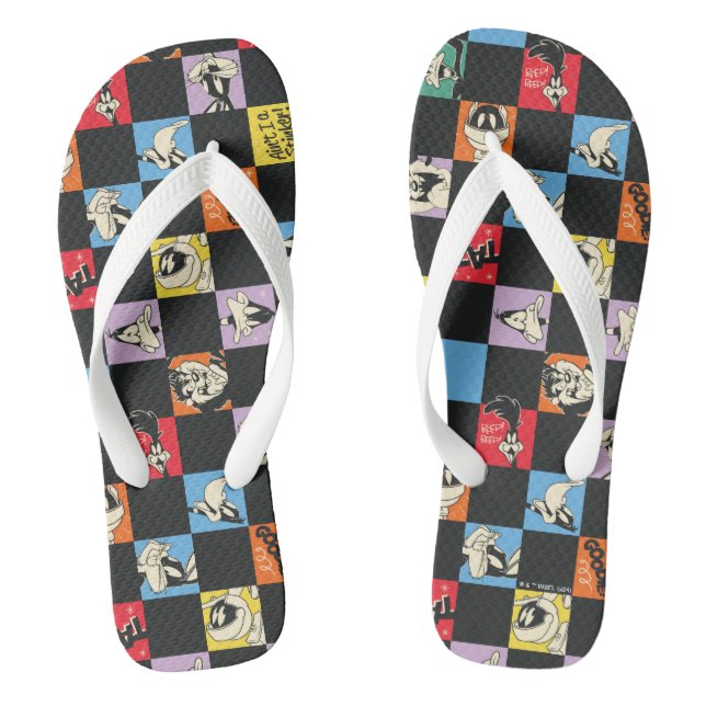 Black and White LOONEY TUNES™ in Colourful Chequer Thongs (Footbed)