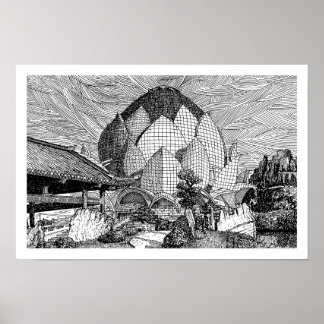 Black and White Lotus Architecture Line Art Print. Poster