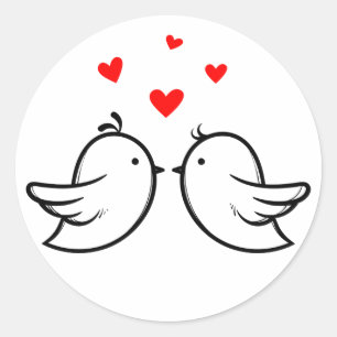 Black And White Lovebirds Red Hearts Wedding Classic Round Sticker