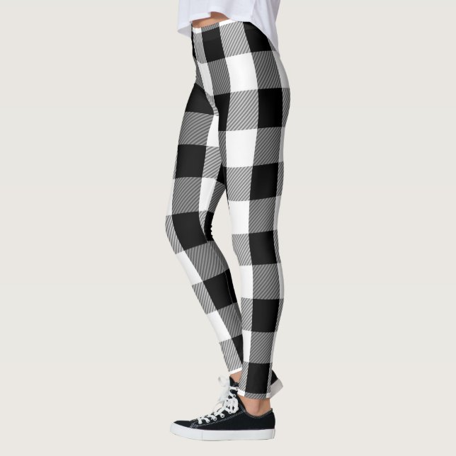 Black and White Lumberjack Flannel Plaid Pattern Leggings (Left)