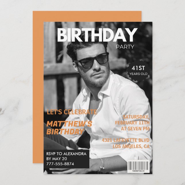 Black and white Magazine Editorial 41st birthday Invitation (Front/Back)